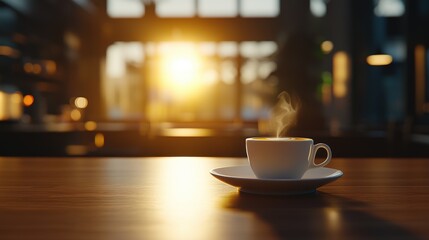 Warm Cup of Coffee on a Wooden Table with Sunrise in a Cozy Cafe Setting