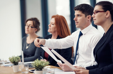 Presentation, documents and panel of business people in office listen to pitch, proposal and...