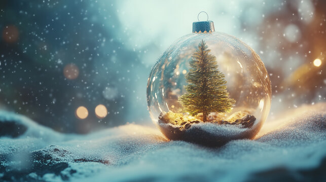 Albero di Natale dentro una pallina trasparente su sfondo natalizio. Spazio per testo o messaggio.