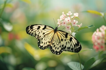 Naklejka premium A close-up of a black and white butterfly perched on a pink flower, with intricate details