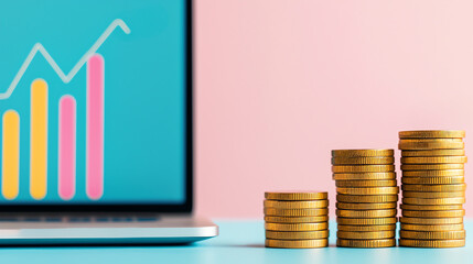 Increasing financial growth represented by stacked coins and graph
