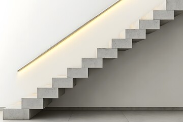 A modern concrete staircase with ambient lighting against a minimalist wall.