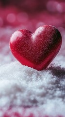 Fototapeta premium A Red Heart Covered in Sparkling Frost on a Bed of White Crystals Romantic Winter Love Scene
