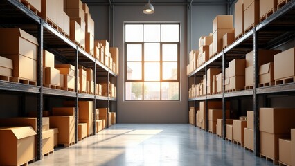A clean and organized warehouse mockup with functional storage visuals