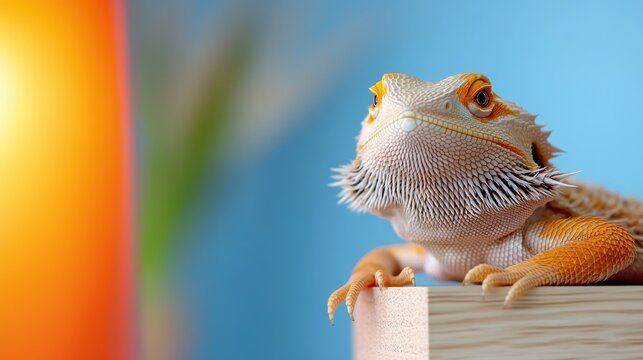 A vivid bearded dragon basks on a wooden surface under warm light, showcasing its vibrant scales and alert posture, symbolizing resilience and adaptability.