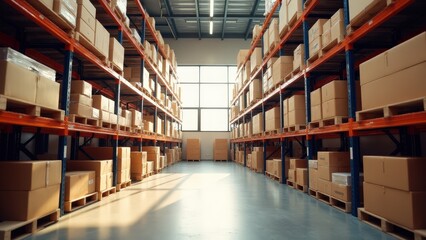 A naturally lit warehouse mockup featuring organized storage solutions