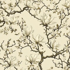 Fototapeta premium A botanical line drawing of a magnolia branch in full bloom, featuring large, velvety petals and textured leaves to highlight the flower's grandeur and elegance. It's designed as a minimal pattern