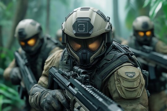 A squad of soldiers in full combat gear advancing through a dense jungle, holding rifles and staying alert