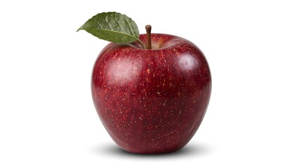 Fresh red apple with glossy skin and a leaf