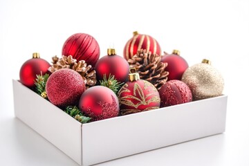 A beautiful decorated gift box filled with red and gold ornaments, perfect for special occasions