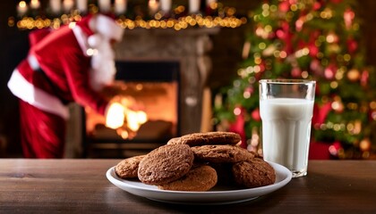 Naklejka premium A close up view of a plate of cookies with a cup of milk with blurred Christmas background; a plate of cookies and milk left out on the table for Santa on Christmas; Christmas photography; xmas season