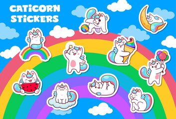 Kawaii caticorn cats and kittens characters stickers on rainbow sky vector background. Cute unicorn cat playing with balloons, magic wand, clew and tail, funny caticorn sleeping on moon stickers pack