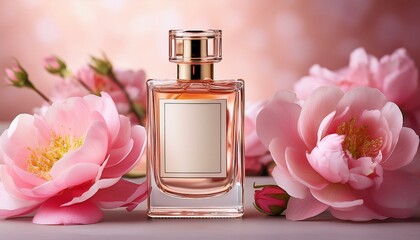 A mock up blank label bottle of perfume and flower background; bottle of perfume in a mock up setting with a blank bottle; close up view of a bottle of perfume with flower surroundings; mock up bottle