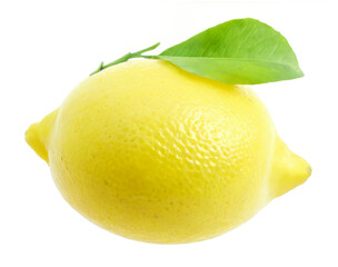 Close-up of a vibrant yellow lemon with a fresh green leaf on a transparent background.