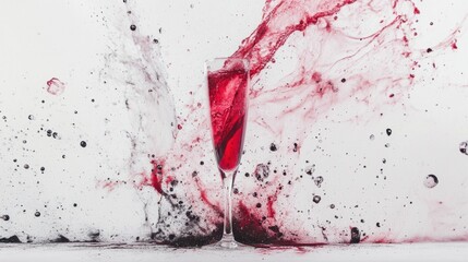 Vibrant splash of sparkling red wine in a tall flute, with bubbles and motion captured vividly, on a white background