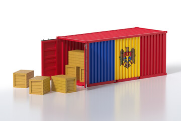Cargo Container with Moldova Flag Being Unloaded with Wooden Crates on White Background