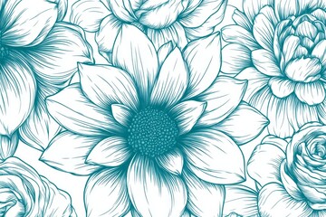 Fototapeta premium A smooth autumn floral design featuring dahlias, chrysanthemums, asters, zinnias, and dogwood berries in blue..A flawless autumn floral pattern incorporating dahlias, chrysanthemums, asters, zinnias,