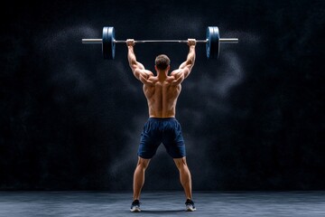 A weightlifter mid-lift, hoisting a heavy barbell above their head in a dramatic gym setting with chalk dust flying