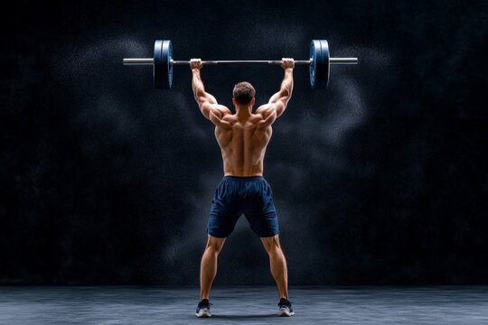 A weightlifter mid-lift, hoisting a heavy barbell above their head in a dramatic gym setting with chalk dust flying