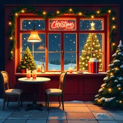 A Christmas-themed caf&eacute; with glowing windows, festive tables, and holiday drinks