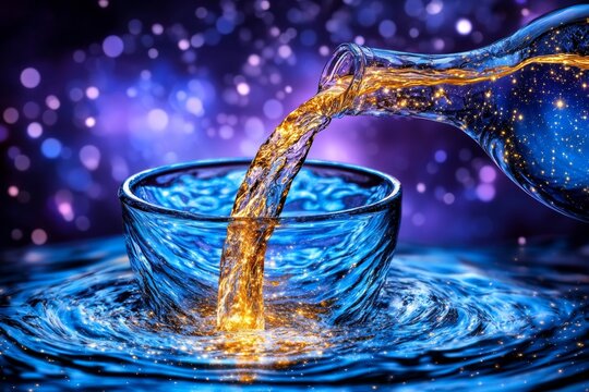 An Aquarius-themed artwork showing a celestial water bearer pouring glowing liquid into the Milky Way