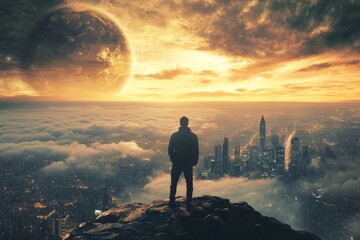 Man standing on a cliff looking at a futuristic city under an alien planet and a beautiful cloudy sunset