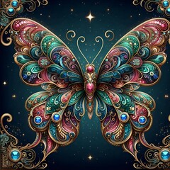 An elegant butterfly highlighted by brilliant jewels and intricate designs, amidst a cosmic background.