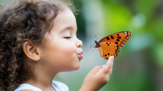 A young girl gently kisses a butterfly resting on her fingertip, capturing a moment of innocence, tenderness, and a quiet connection with nature and beauty.