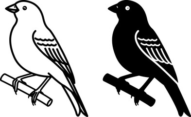 Canary Icons. Black and White Vector Illustrations. Bird. For Coloring Book Design. Domestic Animals Concept