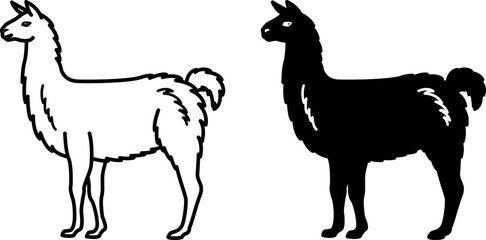 Llama Icons. Black and White Vector Illustration. Alpaca, Mammal. Agriculture, Farming. For Coloring Book Design. Domestic Animals Concept