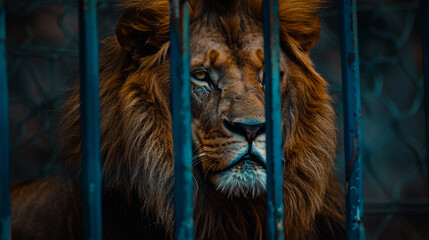 Naklejka premium Endangered lion in captivity, African wildlife behind bars, Panthera leo, looking at its habitat.