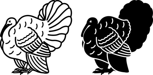 Turkey Bird Icons. Black and White Vector Illustration. Agriculture, Farming. For Coloring Book Design. Domestic Animals Concept