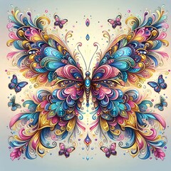 A central butterfly with vibrant, swirling patterns, surrounded by smaller colorful butterflies.