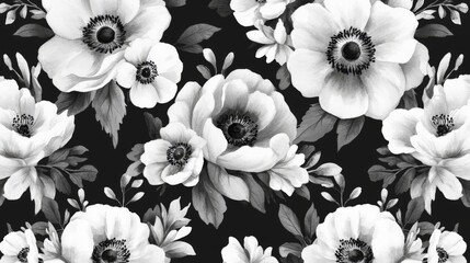 A monochrome floral pattern featuring complex flowers and leaves in a continuous design suitable for wallpaper or fabric decoration.