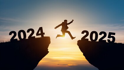 Happy new year 2025,Silhouette BusinessMan jumping from 2024 cliff to 2025 cliff on sky background.New Year's 2025