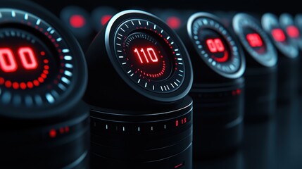 Close up of Futuristic Digital Counters Displaying Numbers in Red