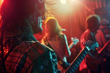 A person with long hair strumming a guitar