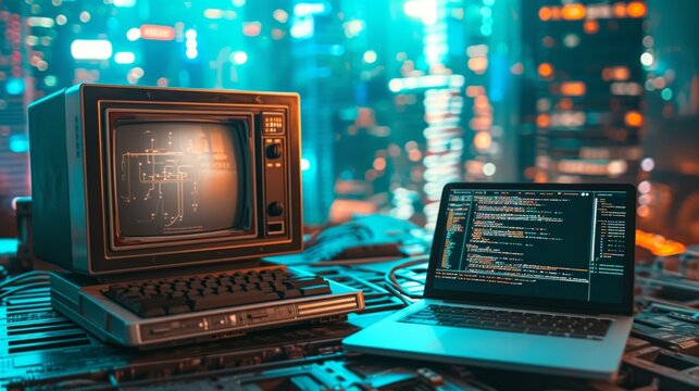A dynamic scene of a retro computer and modern laptop displaying code, set against a neon-lit futuristic cityscape. The blend of old and new technology creates a unique contrast, ideal for tech