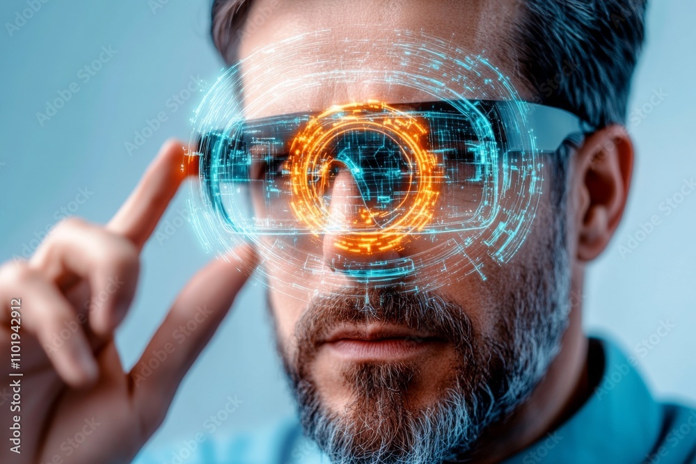 Poster artist in a digital 3d workspace, creating a realistic model on a holographic screen with futuristic