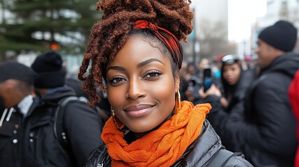 Empowering protester urban city portrait photography crowded environment close-up view social justice advocacy