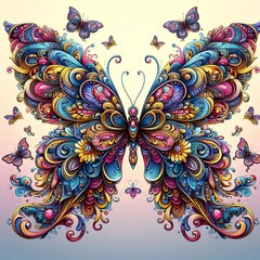 A stunning display of a large butterfly with detailed designs, accompanied by smaller butterflies.
