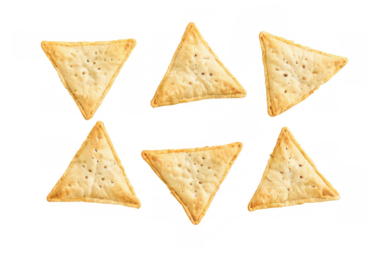 Golden brown freshly baked corn tortilla chips arranged in a scattered pattern on transparent background. - Powered by Adobe