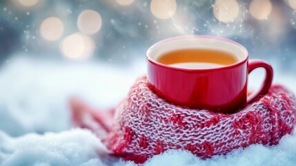 Fototapeta premium Mug of tea, mug wrapped in scarf, winter background