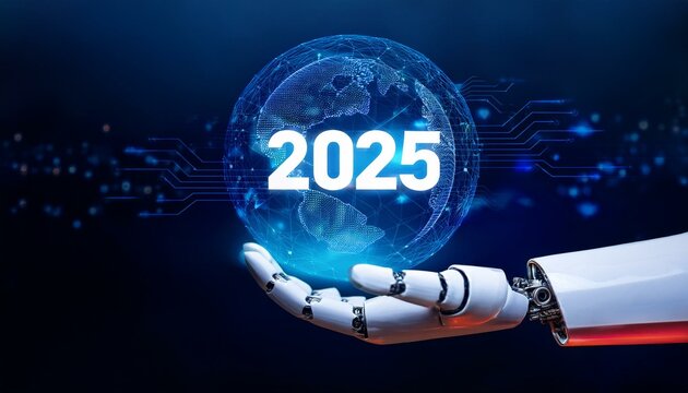  Robotics hand holding or showing on the year 2025 to welcome new technology - new year concet