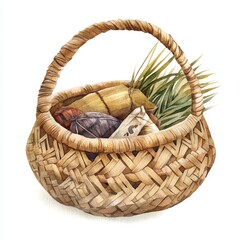 Obraz premium Handmade Woven Basket with Colorful Artisan Textiles and Plants
