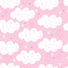 Seamless pattern with clouds sna hearts on pink. Vector hand drawn illustration with cute clouds.