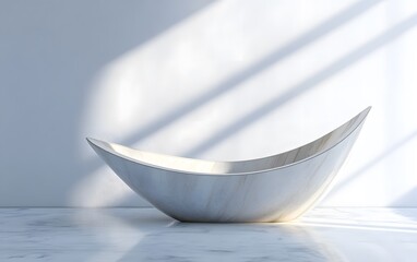 A minimalist wooden bowl resting on a marble surface, illuminated by soft light.