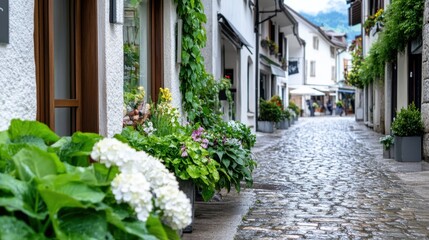 Fototapeta premium A picturesque cobblestone street lined with verdant plants and charming storefronts. The scene exudes a sense of quaint serenity and timeless beauty.