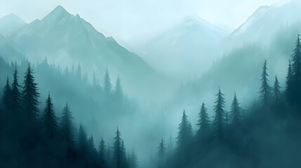 Misty Mountains and Evergreen Forest Landscape