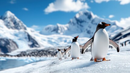 Naklejka premium A group of Gentoo penguins marching across a snowy background in Antarctica, capturing the essence of wildlife and nature in a cold and scenic environment.